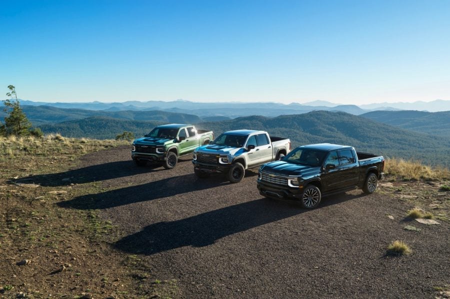 Lineup: Trail Boss, ZR2 and High Country 2027 Chevrolet Silverado 1500 Trail Boss, ZR2 and High Country parked on a mountain overlook